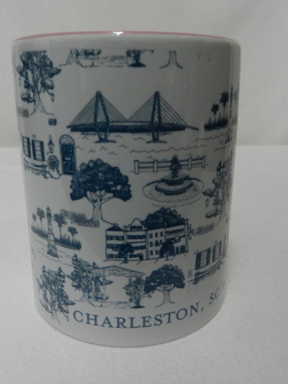Charleston, SC South Carolina Toile ceramic mug cup blue pink white 12 oz - Picture 5 of 8